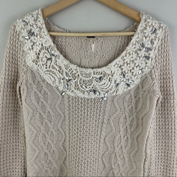 FREE PEOPLE Ivory Creme Aurora Jewel Embellished Lace Trim Wool Knit Sweater - Picture 3 of 12